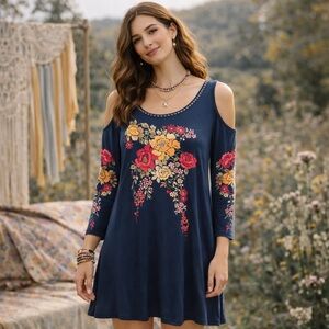 Krista Lee Cold Shoulder Sleeves Boho Embroidered Floral Dress Size Large